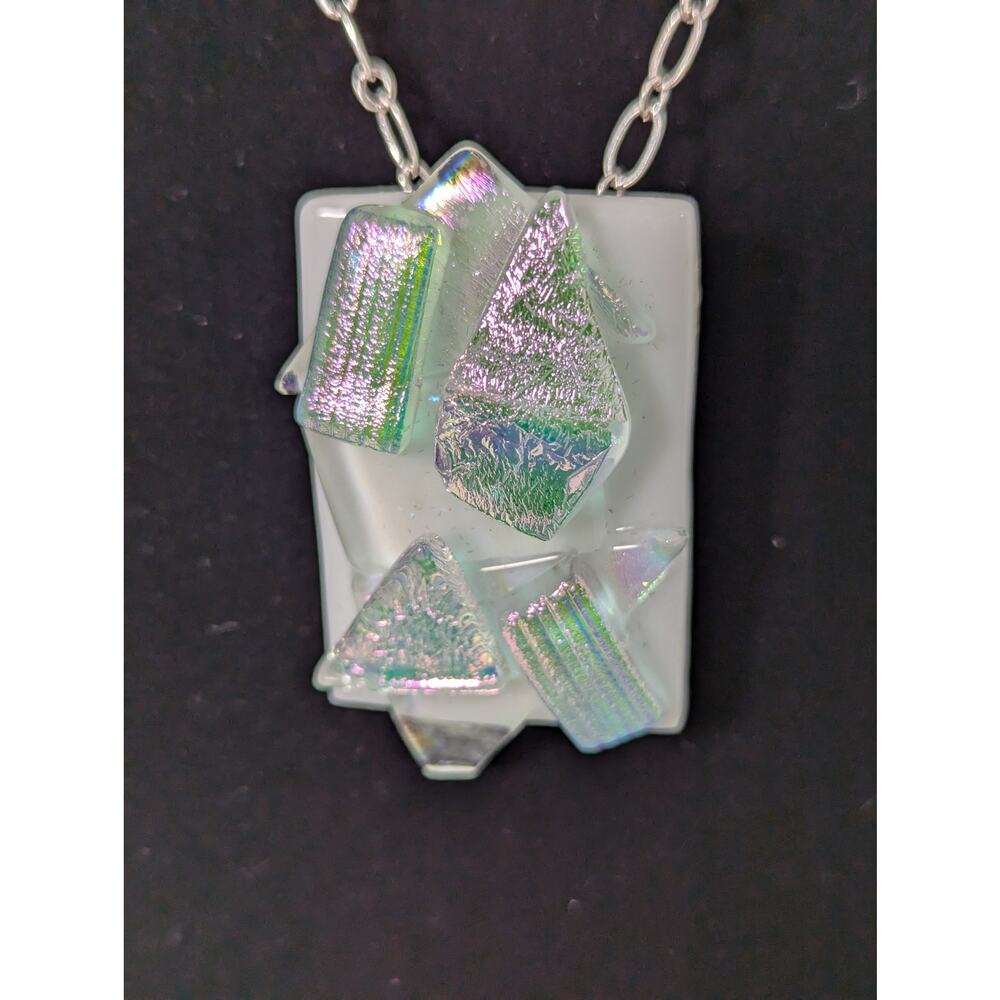 White fused + iridescent glass aurora Pin/Pendant SP 20" chain 11/4" x 1 3/4"